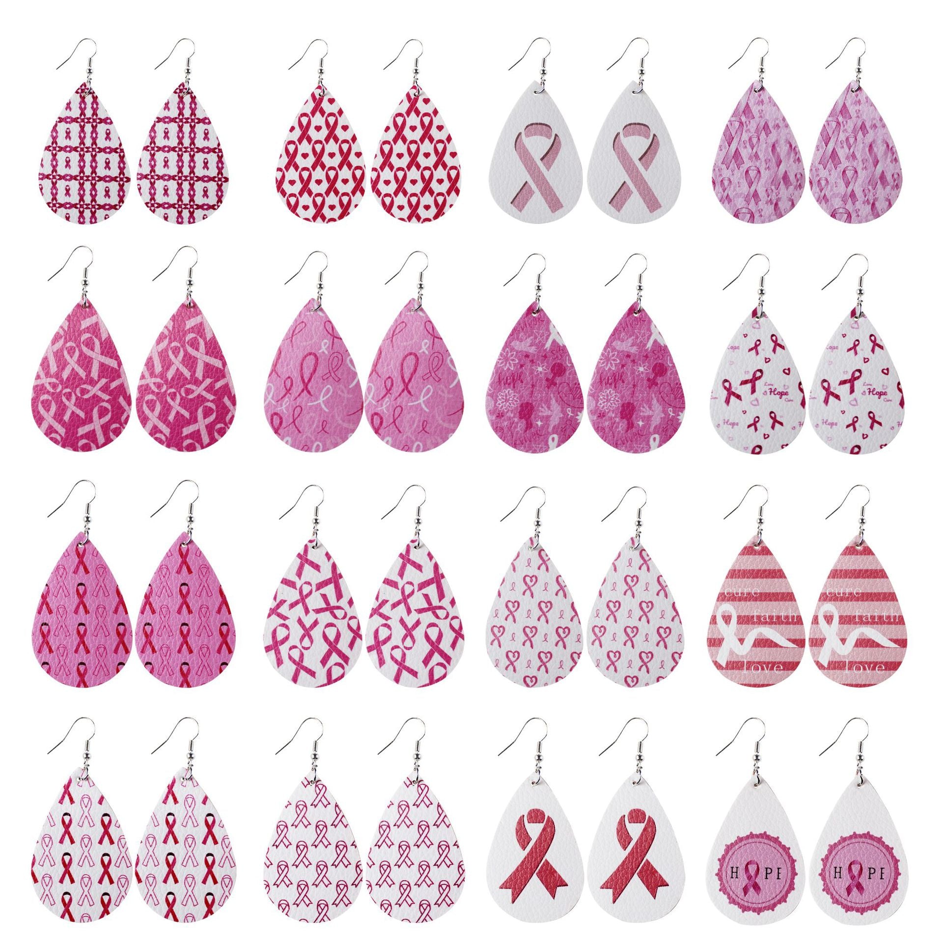 Wholesale  16 Pair Pink Ribbon Faux Leather Drop Earrings Women Breast Pendant Earrings